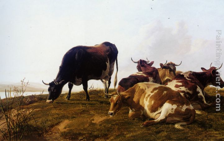 Cattle resting beside a river painting - Thomas Sidney Cooper Cattle resting beside a river art painting
